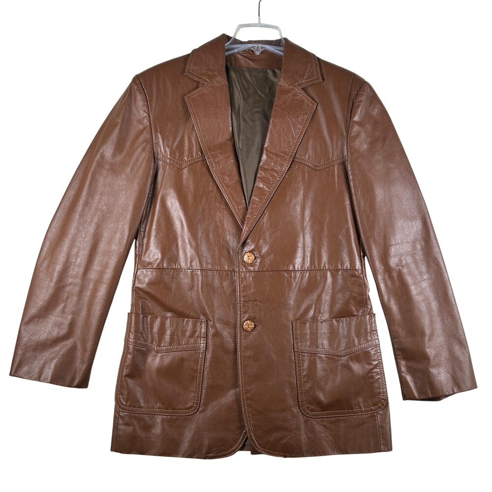 Vintage The Leather Shop Blazer Mens 38 Long Brown Leather Sport Coat Sears 70s